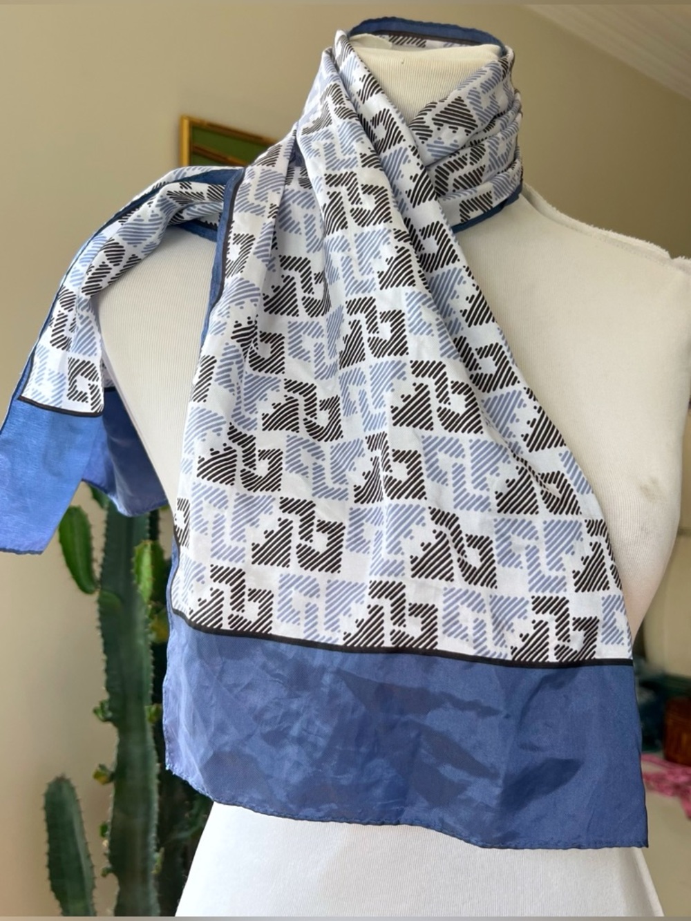 Vintage Daniel La Foret Silk Scarf Blue White Monogram Logo Print